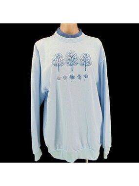 Morning Sun 90s Blue Womens Sweatshirt L Sequins Winter Trees Grandma Granny